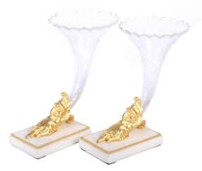 Trumpet-shaped glass vases on a marble base with gilded bronze (pair)