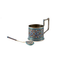 Gustav Gustavovich Klingert. SILVER TEA GLASS HOLDER AND SPOON WITH CLOISONNÉ DECOR