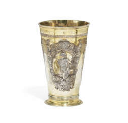 Grigorij Lakomin. VERMEIL SILVER BEAKER WITH FIGURAL DEPICTIONS