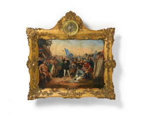 Vienna. OIL-PAINTING PICTURE CLOCK WITH THE CONQUEST OF MEXICO BY HERNAN CORTES