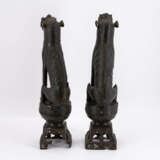 PAIR OF IRON SHISHI GUARDING LIONS ON PEDESTALS - photo 3