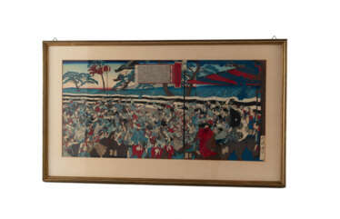 Yoshitoshi Tsukioka. COLOUR WOODCUT WITH BATTLE SCENE AS A TRIPTYCH