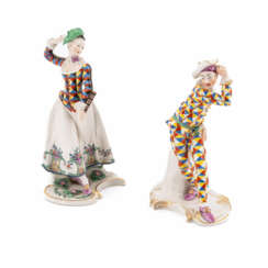 Nymphenburg. PORCELAIN HARLEQUINE AND HARLEQUIN FROM THE 'COMMEDIA DELL'ARTE'