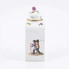 Meissen. PORCELAIN TEA CADDY WITH RARE SCENES OF THE CLOTH TRADE