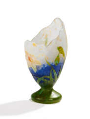 Daum Nancy. SMALL ASYMMETRICAL GLASS CHALICE VASE WITH DAFFODILS