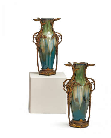 PAIR OF LARGE CERAMIC VASES WITH EXCEPTIONAL ART NOUVEAU MOUNTINGS - photo 1