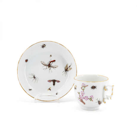 Meissen. PORCELAIN CUP AND SAUCER WITH FLORAL RELIEFS AND INSECT PAINTINGS - photo 1