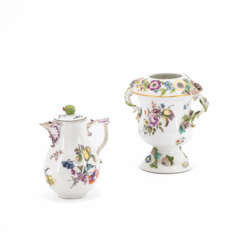 Meissen. PORCELAIN PLANTER AND SMALL JUG WITH WOODCUT FLOWERS