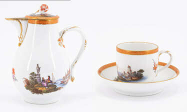 Meissen. PORCELAIN JUG, CUP AND SAUCER WITH LANDSCAPE PAINTINGS