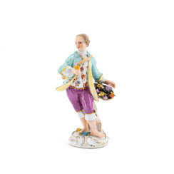 Meissen. PORCELAIN FIGURINE OF A FLANEUR WITH A HAT DECORATED WITH FLOWERS FROM THE "GALANT CHAPEL"