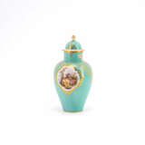 Meissen. SMALL PORCELAIN BALUSTER VASE WITH TURQUOISE FOND AND SCENE FROM WATTEAU - photo 1