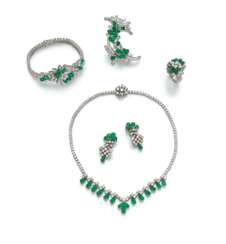 . EMERALD-DIAMOND-SET: NECKALCE, RING, EAR JEWELLERY, BROOCH AND BRACELET