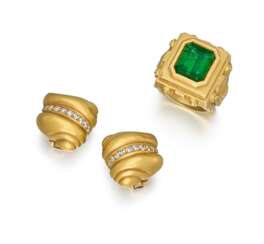 KIESELSTEIN-CORD. TOURMALINE-RING AND DIAMOND-EAR CLIP ONS