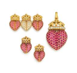 KIESELSTEIN-CORD. RUBY-DIAMOND-PENDANT, BROOCH AND EAR CLIP ONS