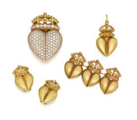 KIESELSTEIN-CORD. DIAMOND-BROOCH, GOLD-BROOCH, GOLD-PENDANT AND EAR CLIP ONS