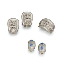 KIESELSTEIN-CORD. Mixed Lot: Diamond-Ear Clip Ons, Diamond-Ring and Diamond-Sapphire-Ear Clip Ons