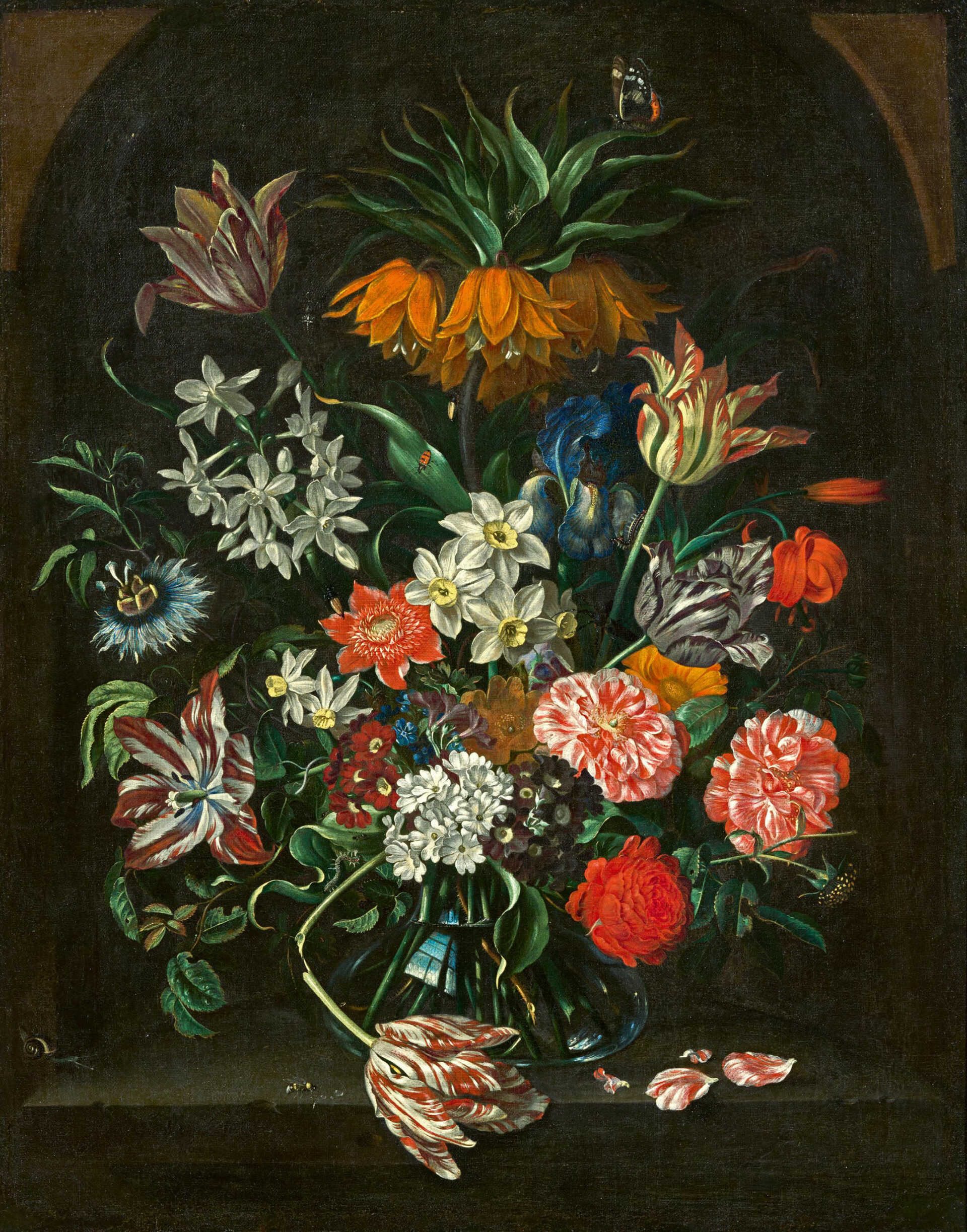 Jacob Marrel. Prunkvolles Blumen-Stillleben mit Kaiserkrone, Tulpen, Narzissen und anderen Blumen in einer Vase