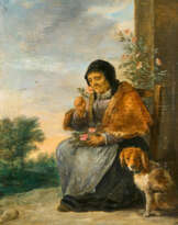David d.J. Teniers. Old Lady, Enjoying the Rose Scent, next to her a Dog