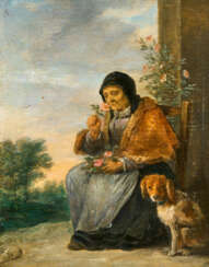 David d.J. Teniers. Alte Dame, den Rosenduft genießend, neben ihr ein Hund