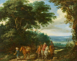 Antwerpener Schule, 17th century. Two Riders and Three Farmers by foot on the Way in front of a Wide Landscape