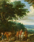 École d'Anvers. Antwerpener Schule, 17th century. Two Riders and Three Farmers by foot on the Way in front of a Wide Landscape