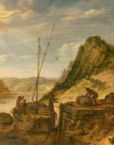 Herman Saftleven. Beladung eines Fluss-Schiffes mit Ballen und Fässern