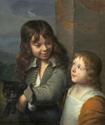 Haarlemer Schule, 2. H. 17. Century. Zwei Kinder mit einer schwarzen Katze