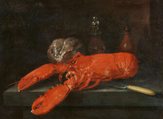 George William Sartorius. Still Life with Lobster, Bread, Knife and Small Bottle on a Stone Slab