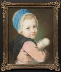 Französische Schule, 18th century. Portrait of a Girl with Blue Bonnet and Doll