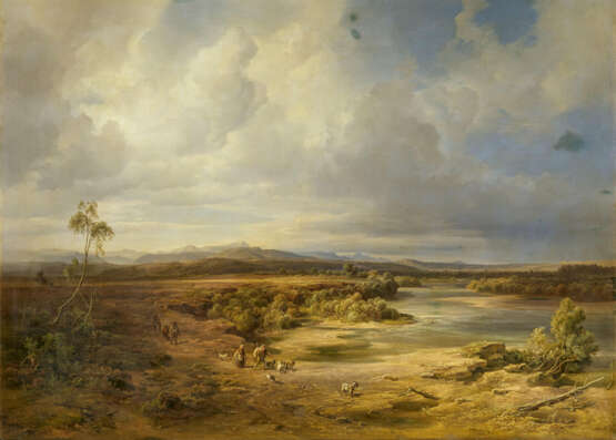 Christian Ernst Bernhard Morgenstern. Wide River Landscape With Shepherds and Hikers - фото 1