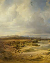 Christian Ernst Bernhard Morgenstern. Wide River Landscape With Shepherds and Hikers