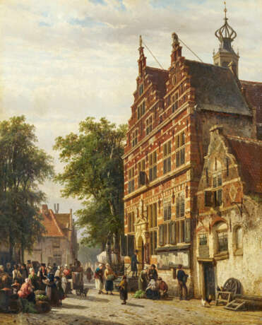 Cornelis Springer. The Town Hall Street in Naarden with Market - фото 1