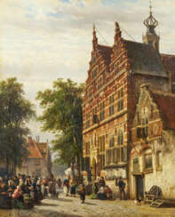 Cornelis Springer. The Town Hall Street in Naarden with Market