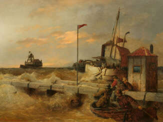 Andreas Achenbach. Fishermen on the Quay in Rough Sea