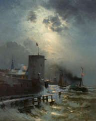 Andreas Achenbach. Dutch Harbour by Moonlight