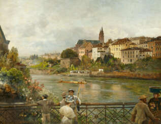 Oswald Achenbach. Blick von der "Mittleren Rheinbrücke" auf das Basler Münster