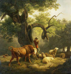 Friedrich Voltz. Shepherd with bull and sheep under a large oak tree