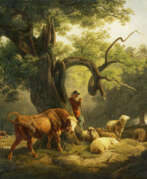 Иоганн Фридрих Вольц. Friedrich Voltz. Shepherd with bull and sheep under a large oak tree