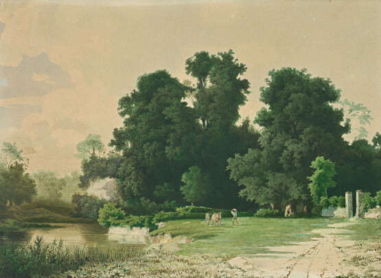 Johann Wilhelm Schirmer. Farmer with Oxcart on a Tree-lined Shore - фото 1