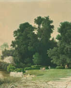 Иоганн Вильгельм Ширмер. Johann Wilhelm Schirmer. Farmer with Oxcart on a Tree-lined Shore