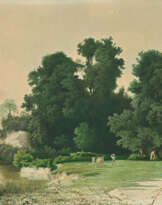 Johann Wilhelm Schirmer. Farmer with Oxcart on a Tree-lined Shore