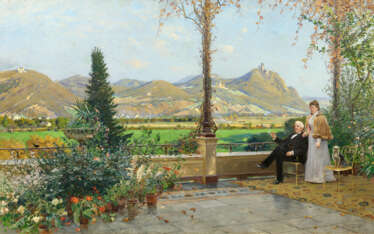 Hugo Mühlig und Adolf Lins. Portrait of a Married Couple with their Dog on a Terrace in front of the Siebengebirge Panorama