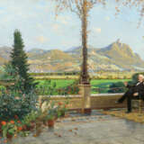 Hugo Mühlig und Adolf Lins. Portrait of a Married Couple with their Dog on a Terrace in front of the Siebengebirge Panorama - photo 1