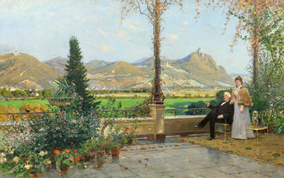 Hugo Mühlig und Adolf Lins. Portrait of a Married Couple with their Dog on a Terrace in front of the Siebengebirge Panorama - photo 1