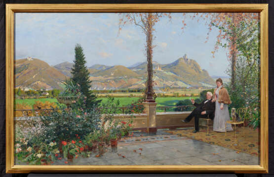 Hugo Mühlig und Adolf Lins. Portrait of a Married Couple with their Dog on a Terrace in front of the Siebengebirge Panorama - photo 2