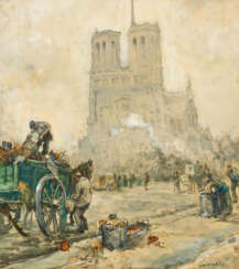 Jean François Raffaelli . Paris Street Scene in front of Notre Dame