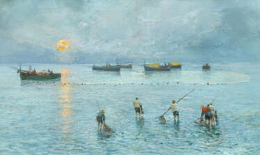 Attilio Pratella. Lagoon Fishermen at Sunrise