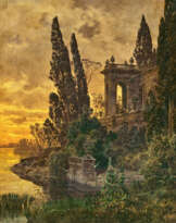 Ferdinand Knab. Abendliche Palast-Architektur am See mit Musikern