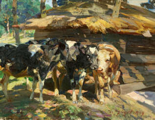 Heinrich von Zügel. Calves in Front of a Shed