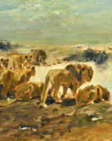 Otto Dill. Lion Pride at the Water at Night